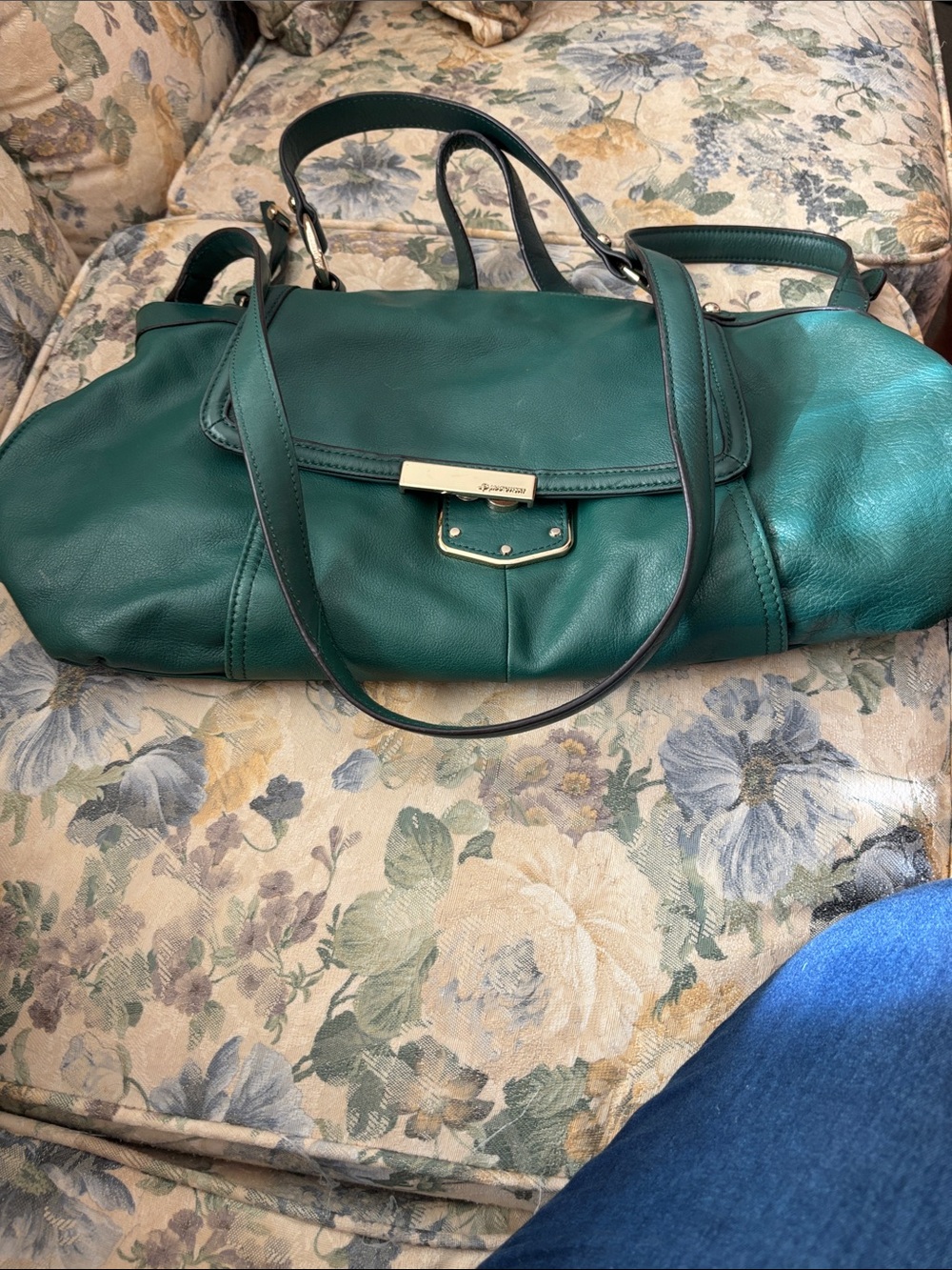 b. makowsky Dark Green Leather Handbag with Black Tag